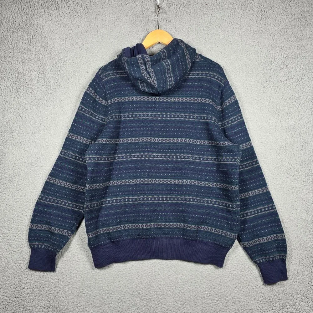 Izod Sweater Mens Size XL Navy Green Cable Knit‎ Fairisle Hoodie Classic Chunky